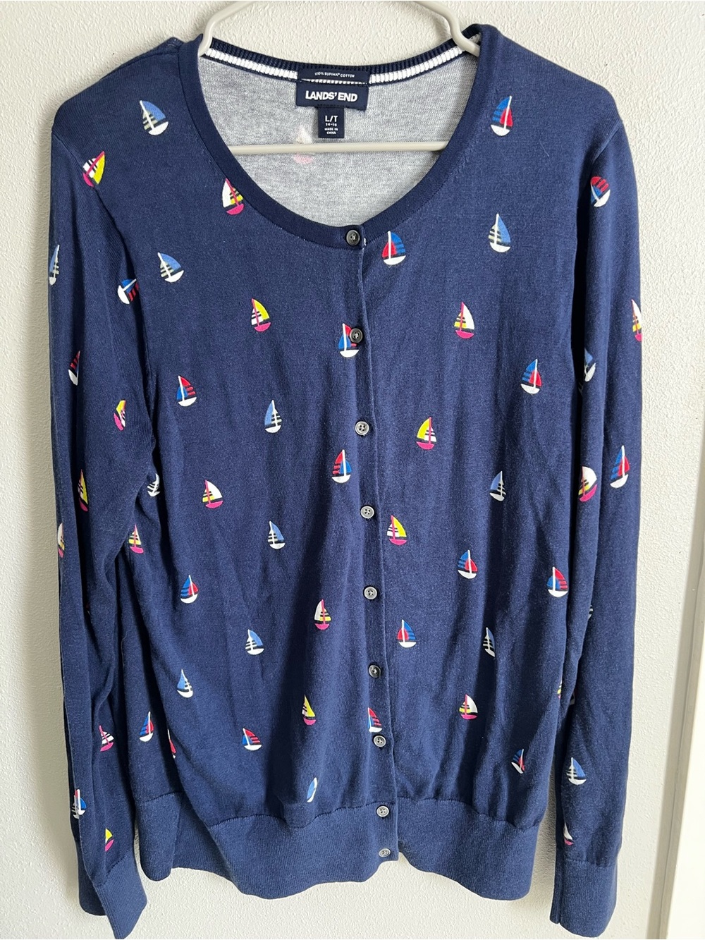 Lands' End Navy sweater style preppy and coastal 100%cotton